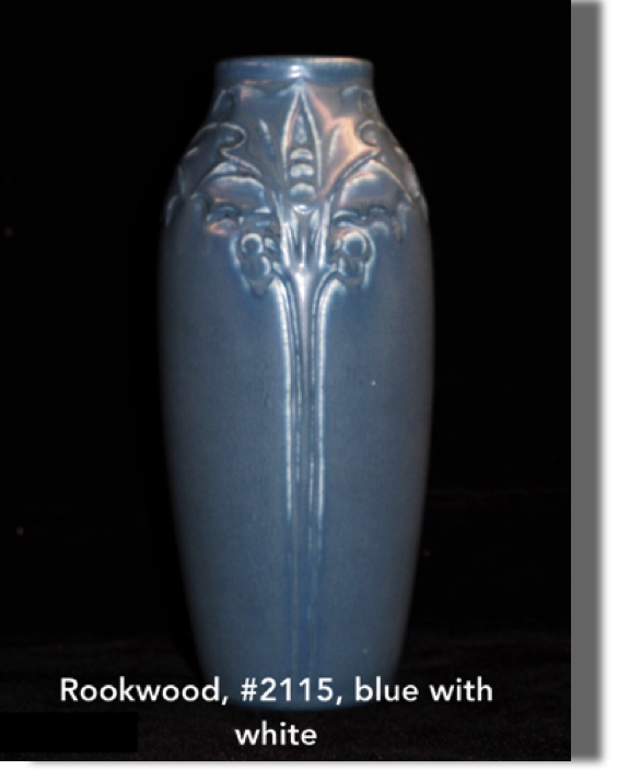 #2115, blue vase with white, 7" high, 1.50" opening, 3" wide