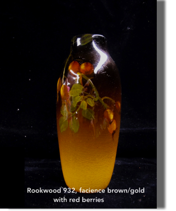 #932, faience brown/gold with red berries, 6" high, possibly 1902, signed HH