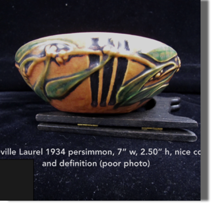 Laurel - 1934 persimmon, three black impressed ribs, vertical bowl 7" across, 2.50" high, nice color and definition (poor photo)
